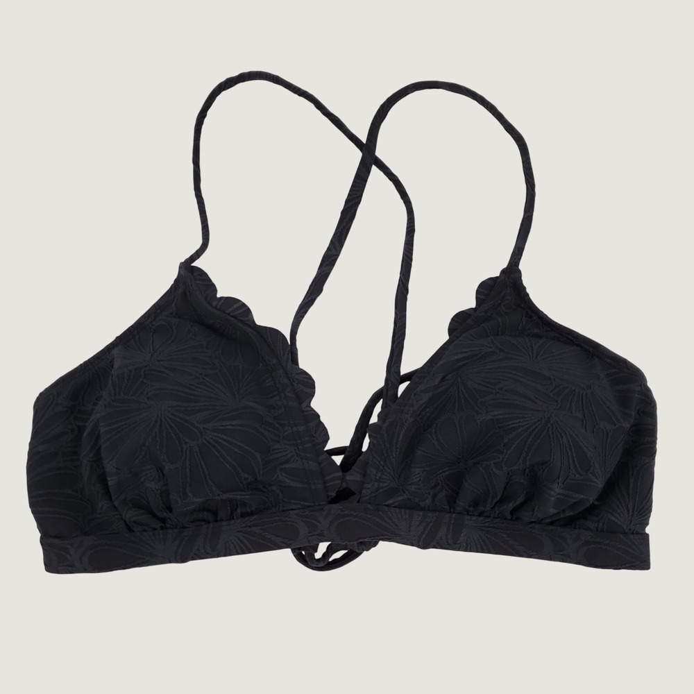 Cupshe‎ Black Floral Jacquard Scalloped Triangle Bikini Top Large Adjustable New